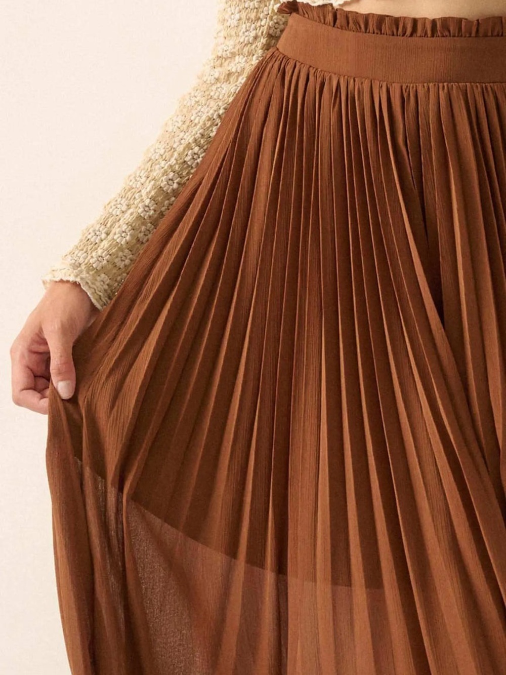 A NEW DAY | M | Accordion Pleated Midi Copper Rust Caramel Sheer Flowy Skirt